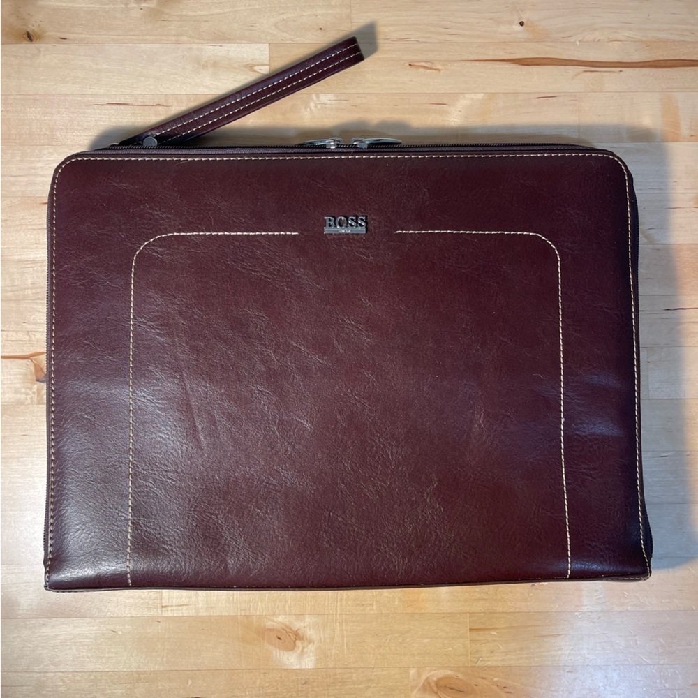 BOSS Hugo Boss Cognac Leather Executive Folio Zip Portfolio Organizer Briefcase